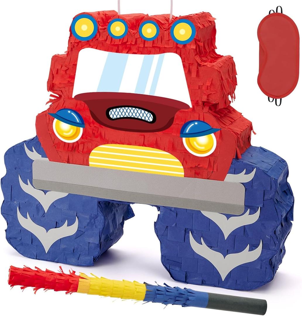 WERNNSAI Truck Piata - Monster Truck Piata Bundle with Blindfold and Bat for Boys Kids Piata Theme Party Decoration Supplies Cool Car Piata for Birthday Party Carnival Celebration Game