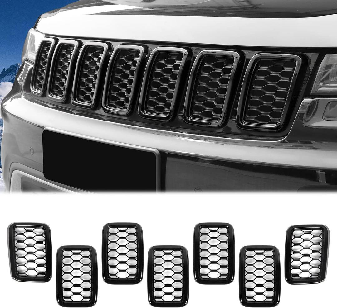 JeCar Front Grill Rings Honeycomb Grille Mesh Inserts Cover Trim Kit for 2017-2020 Jeep Grand Cherokee, Black (7Pcs)