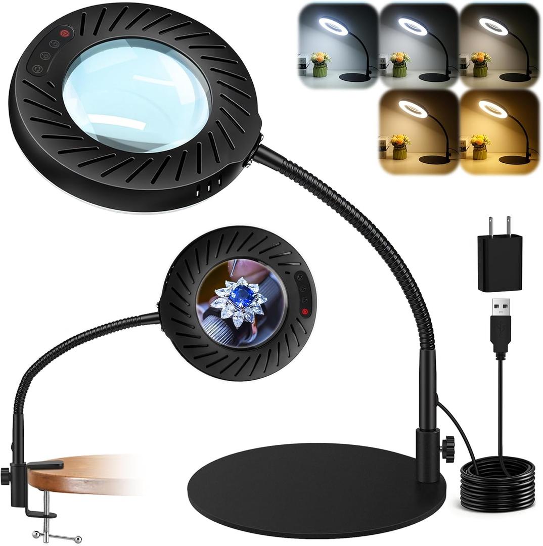 12X Magnifying Glass with Light and Stand, 5 Color Modes, 9 Dimmable Levels, Hands Free Flexible Gooseneck Magnifying Lamp, 2-in-1 LED Desk Lamp for Crafts Hobby Jewelry Sewing Reading Close Work