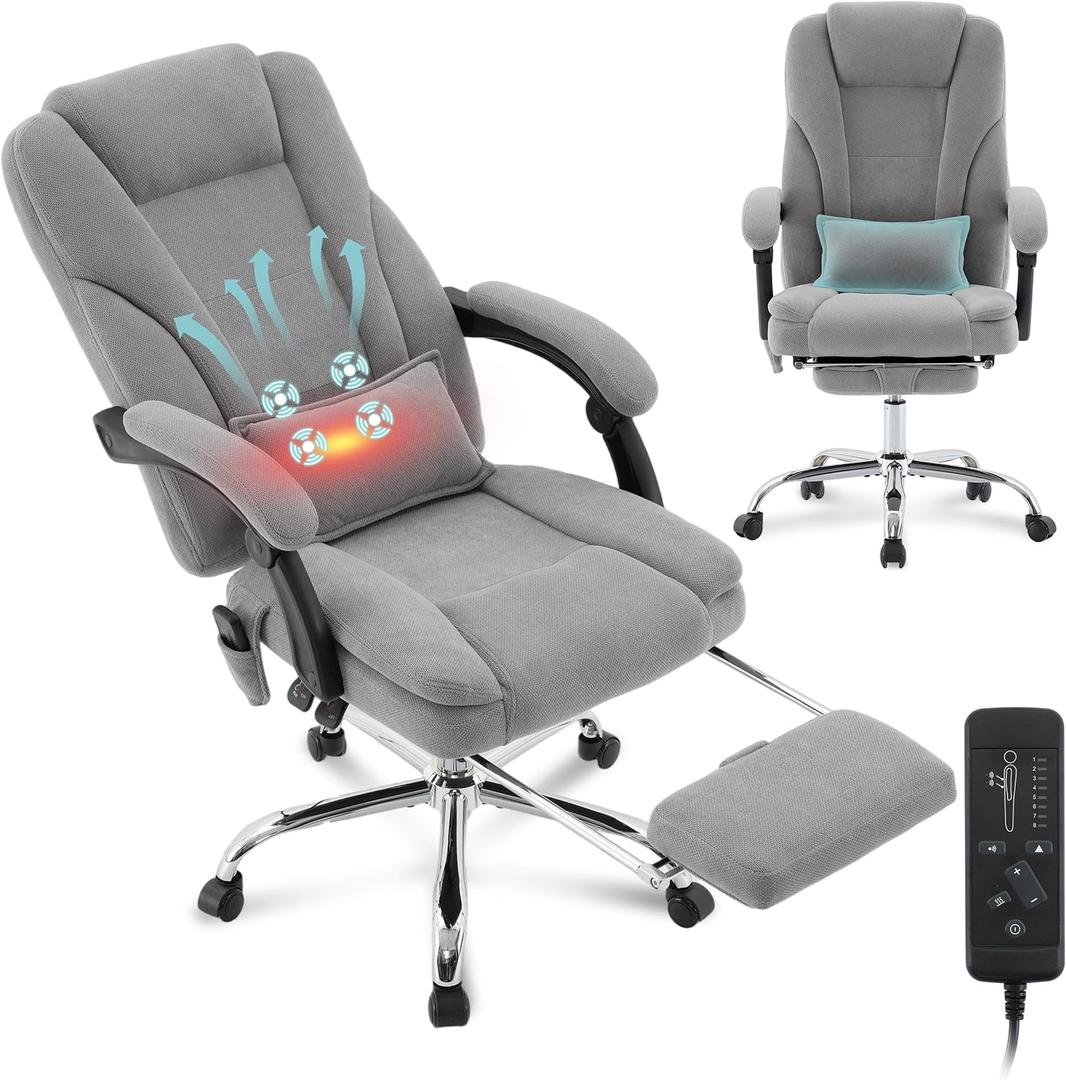 Executive Office Chair with Massage & Heat, Comfy Reclining Ergonomic Soft Fabric Home Gaming Chair, Wide Seat Heavy Duty Big and Tall Office Chairs 500LBS with Foot Rest & Lumbar Support Pillow, Grey