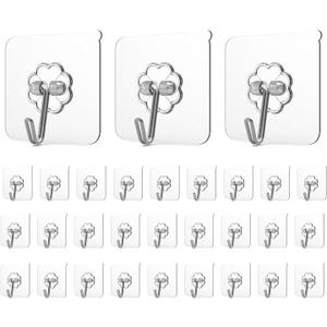 Adove Adhesive Hooks for Hanging, Heavy Duty Wall Hooks 20 Pack, Removable Sticky Ceiling Hooks, Transparent Self Adhesive Shower Hooks, Water & Oil Proof Strong 22lb(Max) Door Coat Hooks