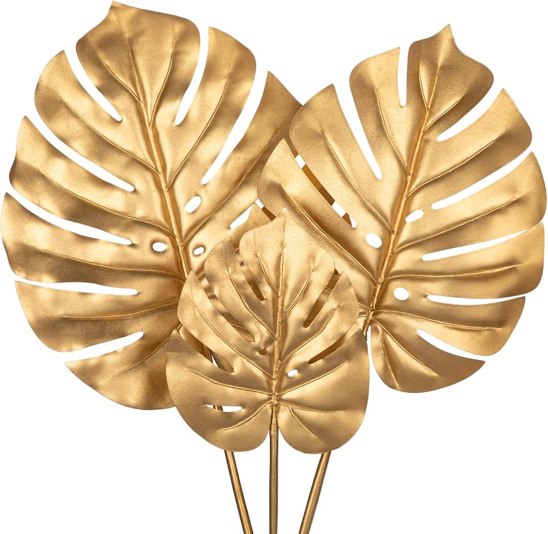 DILATATA 3 Pcs Artificial Monstera Leaves With Long Stem - Golden Tropical Plant, Gold Palm Leaves, Philodendron Fronds for Wedding, Hawaiian Luau, Jungle Party Decorations