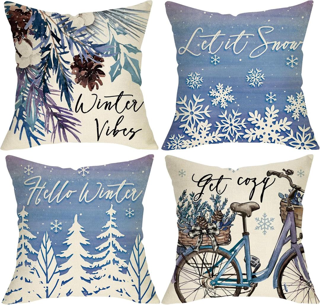 Hello Winter Vibes Blue Decorative Throw Pillow Covers 20 x 20 Set of 4, Let It Snow Pine Tree Snowflake Porch Outdoor Home Decor, Christmas Get Cozy Bike Bicycle Pine Cone Couch Cushion Case (20" x 20" (Pack of 4), Winter Bike)