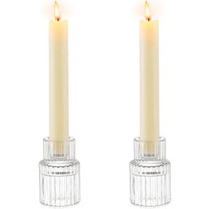 Romadedi Glass Candle Holder for Candlestick - 2Pcs Clear Small Tapered Candle Holders Wedding Decor Table Centerpiece for Candle Sticks Christmas Party Table Living Room Dinner Advent