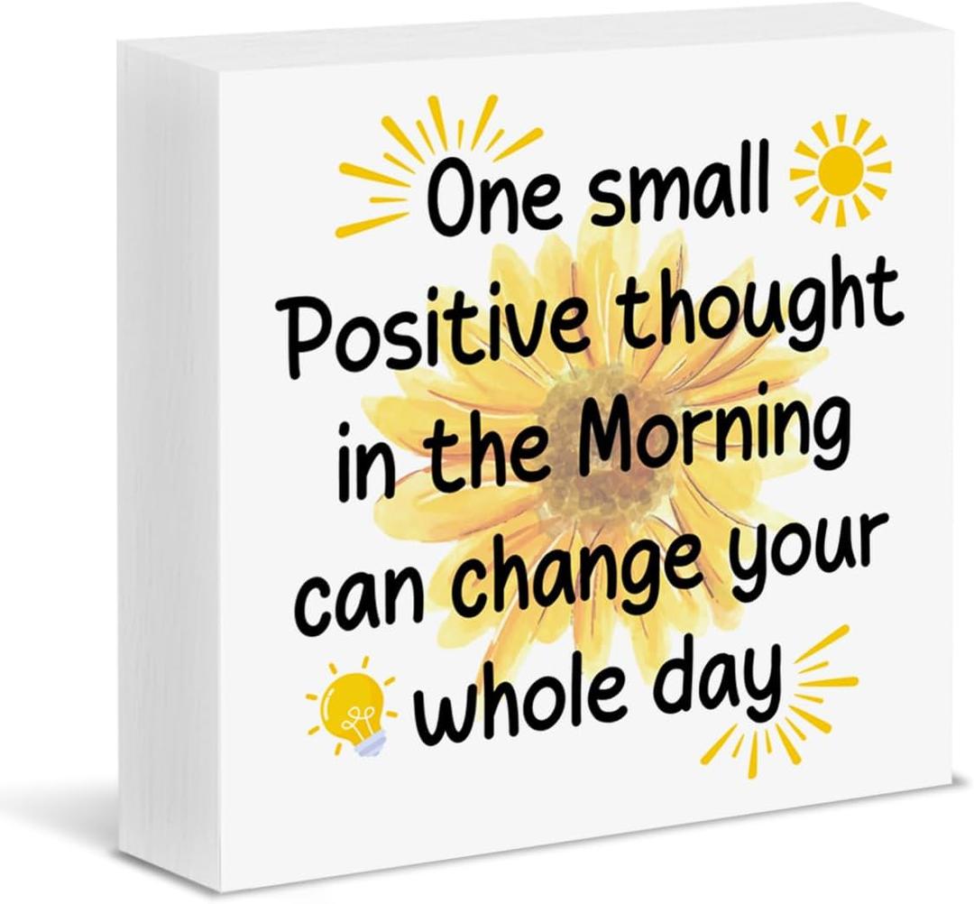 Motivational Sunflower Office Decor Positive Affirmations Wooden Box Sign One Small Positive Thought Wood Block Sign Cubicle Desk Shelf Decoration, Motivational Sunflower Gifts for Coworkers Women