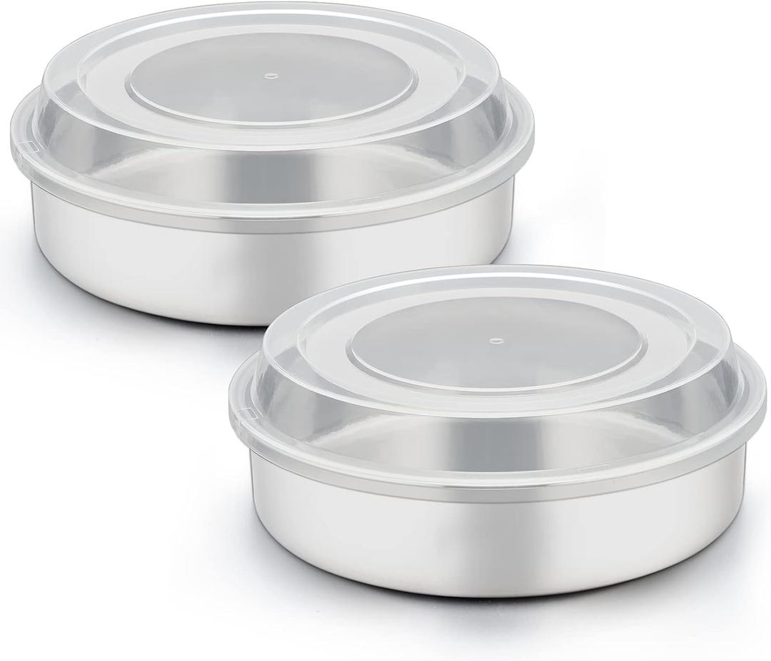 TeamFar 8 Inch Cake Pan, Stainless Steel Tiers Round Baking Cake Pans with Lids, Healthy & Heavy Duty, Dishwasher Safe & Easy Clean, Mirror Polish & Smooth Edge, Set of 4 (2 Pans + 2 Lids)