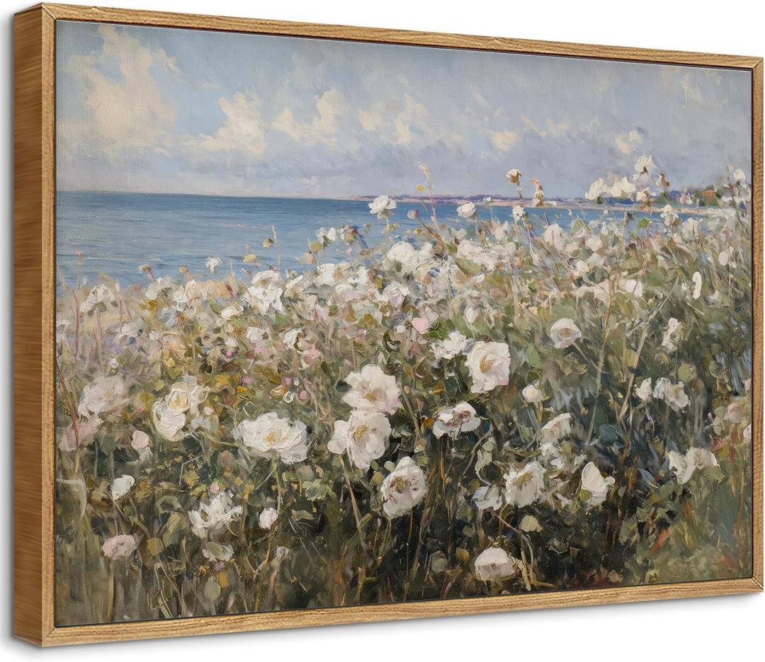 Framed Coastal Wildflower Field Landscape Canvas Wall Art White Daisy Seaside Print Wall Decor Farmhouse Floral Pictures Spring Summer Painting Artwork for Living Room Bedroom Bathroom 24x16 In