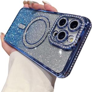 Bling Glitter Phone Case Compatible with iPhone 15 Pro, Wireless Charging Compatible with MagSafe Soft Cover Sparkling Rhinestone Case (Blue)
