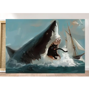 PPV Funny Cat Canvas Wall Art Black Cat vs Shark Painting Picture Wall Decor An unexpected feast oil painting Poster Print for Bathroom Living Room Bedroom pet store apartment Home Decoration