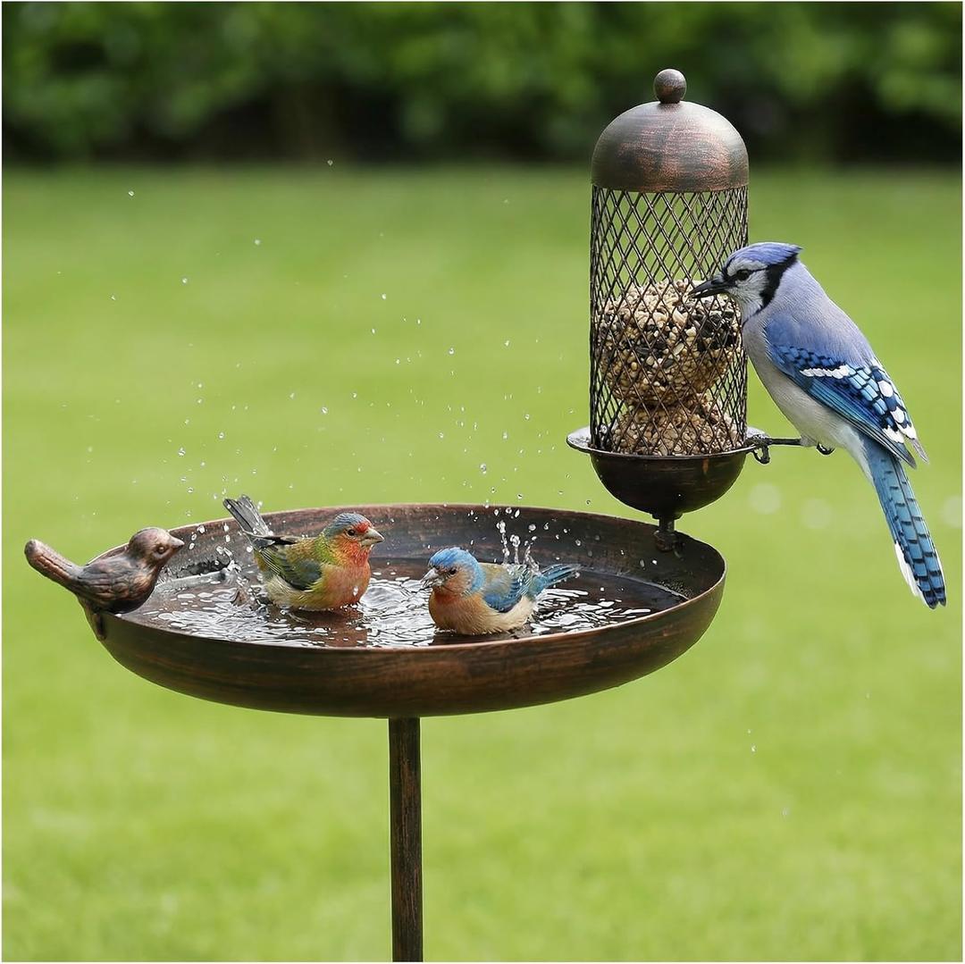 Metal Bird Bath & Feeder, Weather Resistant Outdoor Birdbath with Removable Bowl, Heavy-Duty Rust-Proof Design for Garden, Yard, Lawn Decor, Easy to Install (Bronze)