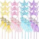 Hollowfly 12 Pcs Princess Party Favors Including 6 Glitter Star Fairy Wands and 6 Sequin Princess Crown Headbands for Girls Birthday Party Gifts