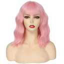 Light Pink Wig for Women Short Pastel Wavy Wigs Curly Bob Wigs with Bangs Shoulder Length Colorful Synthetic Wigs for Cosplay Costume Party Daily Use(14 Inches)