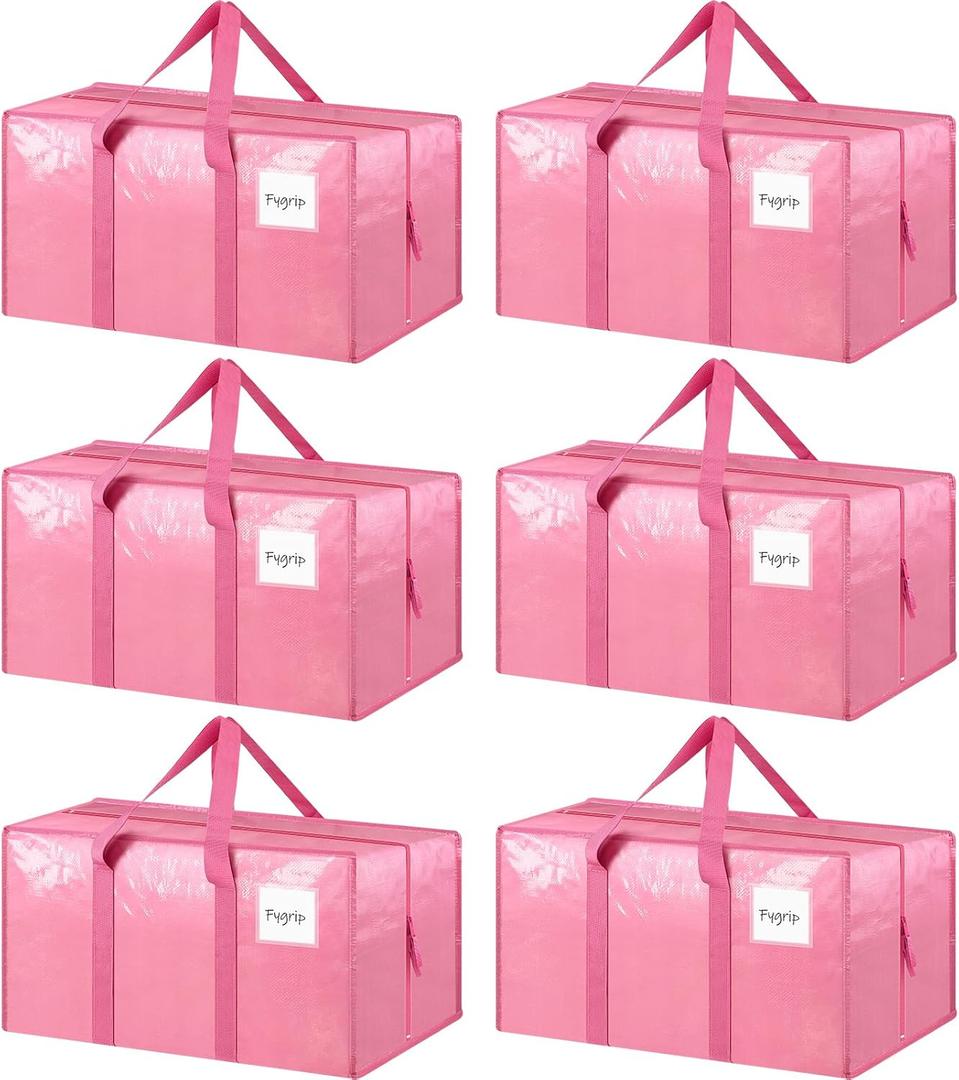 6 Pack Extra Heavy Duty Large Moving Bags with Strong Zipper & Comfortable Handles, Sturdy & Durable Clothes Storage Bags Totes Bins, Packing Moving Boxes for College Supplies, Pink