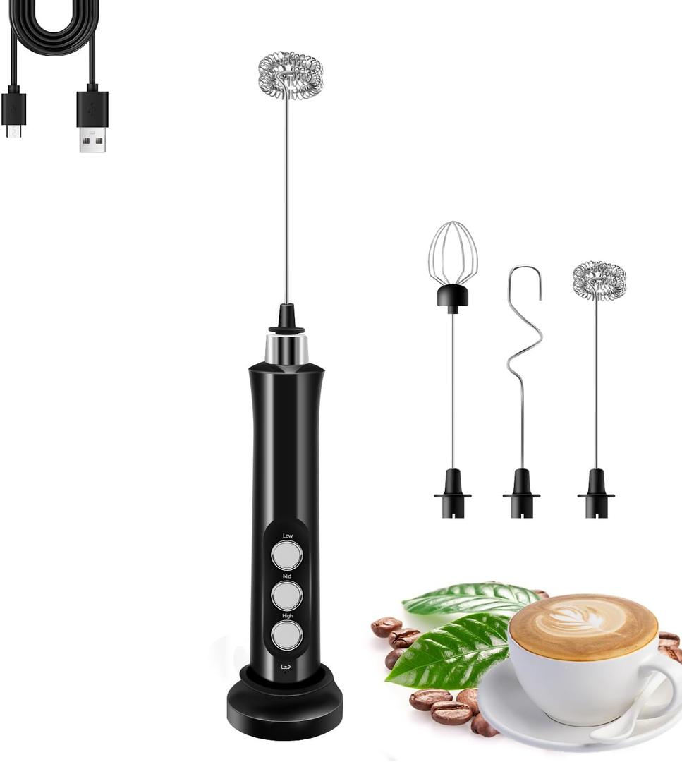 Rechargeable Milk Frother Handheld with 3 Detachable Stainless Steel Whisks, 3 Speed Adjustable Electric Whisk Foam Maker, Handheld Drink Mixer, Frother Wand for Coffee, with Storage and Charging Base (Black)