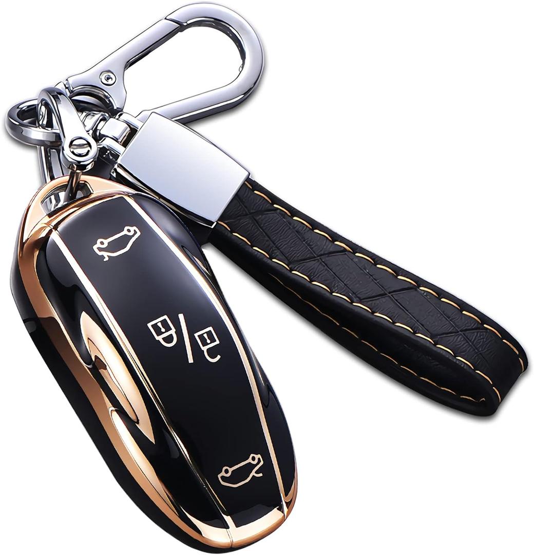 for Tesla Model X Key Fob Cover with Keychain, Full Cover Protection Key Fob Case Premium Soft TPU Smart Remote Key Holder (Black)