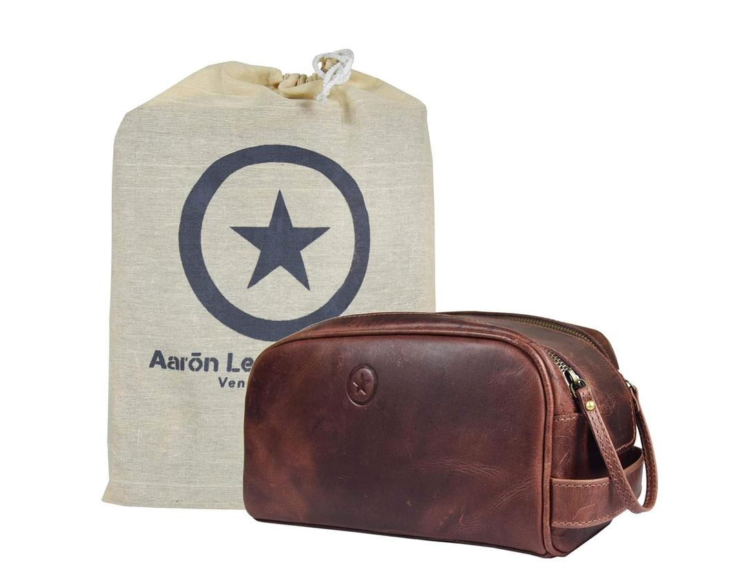 Leather Toiletry Bag for Men | Grooming Travel Kit | With Waterproof Lining | By Aaron Leather (Dark Brown) (EXP 12/25/36)