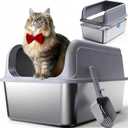Powools Stainless Steel Cat Litter Box, Metal Litter Box with Scoop, High- Sided, Anti-Leakage Top Entry, Non-Sticky, Easy to Clean, Grey, M (1 Pack)