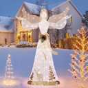 Tangkula 5 FT Lighted Christmas Angel, Outdoor Pre-lit 3D Glittered Angel with 100 Warm White Lights, Halo, Bow, Ground Stakes, Outdoor Christmas Decoration for Lawn Yard Garden