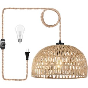 Plug In Pendant Light Hanging Lights With Plug In Cord Dimmable Rattan Hanging Lamp Wicker Woven Basket Lampshade Farmhouse Industrial Boho Plug In Ceiling Light Fixture For Living Room Kitchen