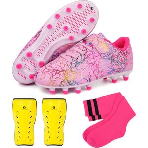 Brooman Kids Firm Ground Soccer Cleats Girls Football Cleats with Shin Guards and Soccer Socks, Size 2 (Pink)
