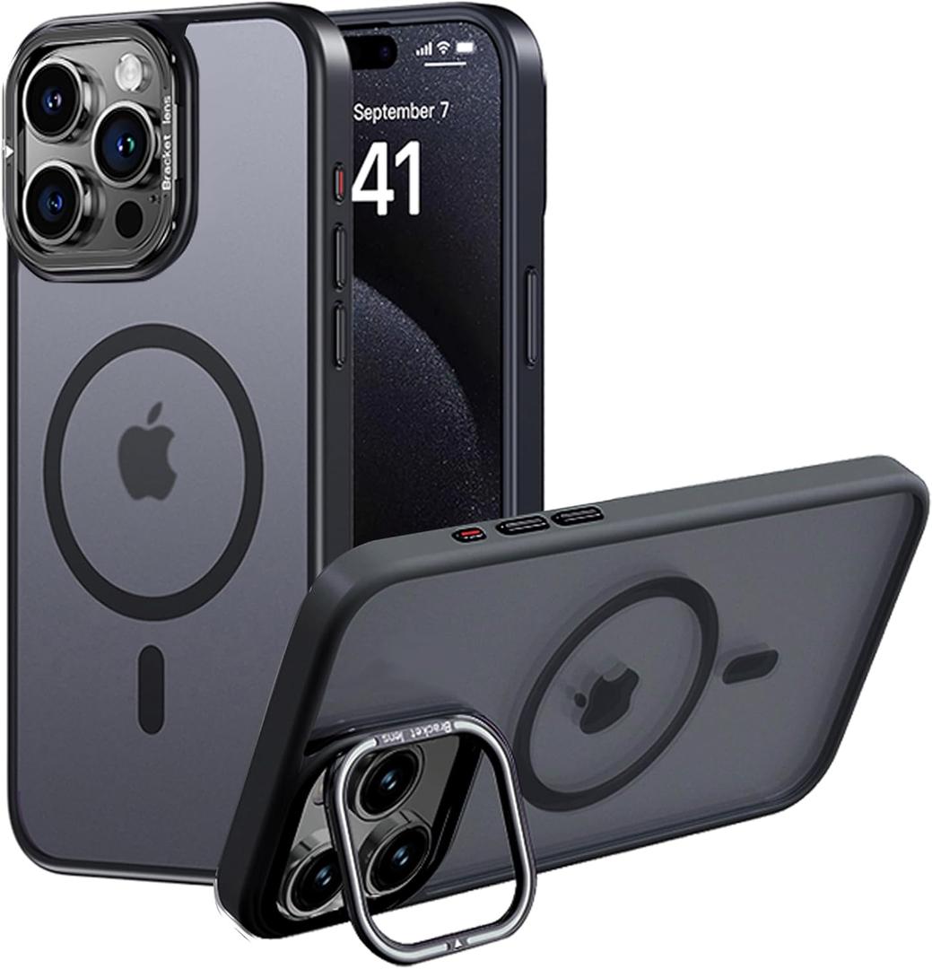 Designed for iPhone 15 Pro Max Case, Compatible with Mag-Safe, Frosted Translucent Slim Case with Built-in Aluminum Alloy Lens Bracket, Military-Grade Drop Protection with Airbag Corners, Black