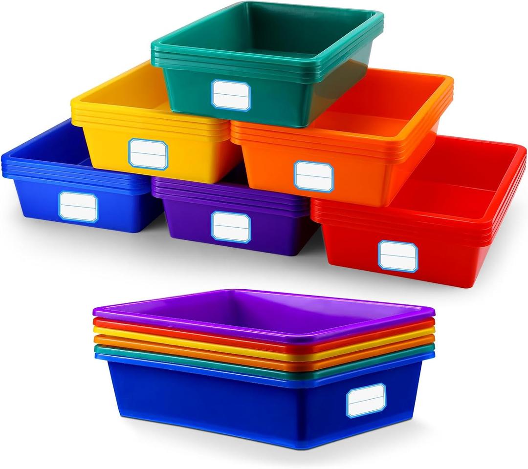 Hoolerry 24 Pcs Plastic Cubby Storage Bins Classroom Cubby Organization with Self Adhesive Labels Bin Small Stackable Storage Containers Toy Book Box for School(14 x 10 x 3 Inch,Colorful)