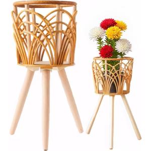 "Boho Rattan Plant Stand Indoor Outdoor - 2 Rattan Wicker Planter Shelf for Multiple Plants, Mid Century Modern Wooden Flower Pot Holder with Stand, Farmhouse Home Decor for Living Room (B-Style (S+M))