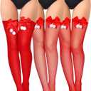 Tarpop 3 Pairs Christmas Thigh High Stockings for Women Sexy Fishnet Tights Red with Satin Bow over The Knee Stretchy Stocks