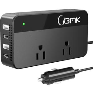 BMK 200W Car Power Inverter DC 12V to 110V AC Car Inverter 4 USB Ports Charger Adapter Car Plug Converter with 2 QC3.0 USB and 2 Type C Ports (Black)