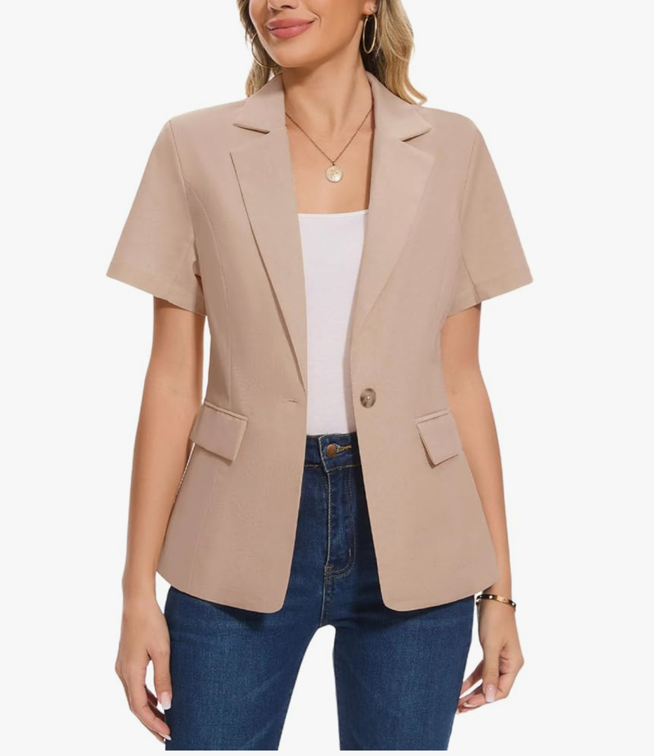 Women's Cotton Linen Blazer Jacket Short Sleeve Summer Casual Lightweight Button Lapel Blazers with Pockets