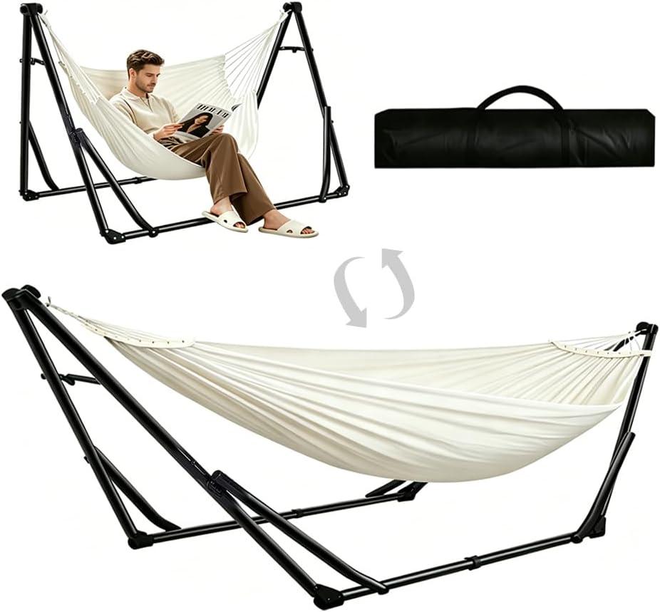 2-in-1 Hammock Chair with Stand for Adults, Portable Hammock with Collapsible Steel Frame, Adjustable Folding Design for Outdoor & Indoor Use, Patio, Camping, Travel, Supports 440 LBS