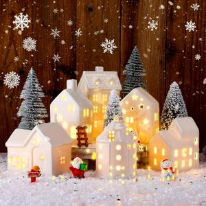 Vinsot 16 Pcs LED Ceramic Christmas Village Set 6 Light up Christmas Village Houses 6 Snowman Santa Figurines, 4 Snow Trimmed Trees with Lamp Post Scenes Porcelain Figurine Tabletop Decor (Classic)
