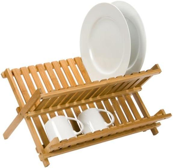 Bamboo Dish Drying Rack for Kitchen Counter, 2-Tier Collapsible Foldable Dish Drainer, Space-Saving Wooden Organizer for Dishes, Plates, Cups, Housewarming Gift