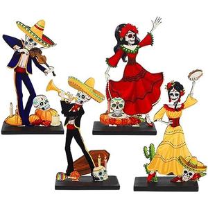 Strdfeve 4 Pieces Day of The Dead Table Top Decorations Wooden Halloween Sign for Mexican Fiesta Decorations,Dia De Los Muertos Centerpieces for Table