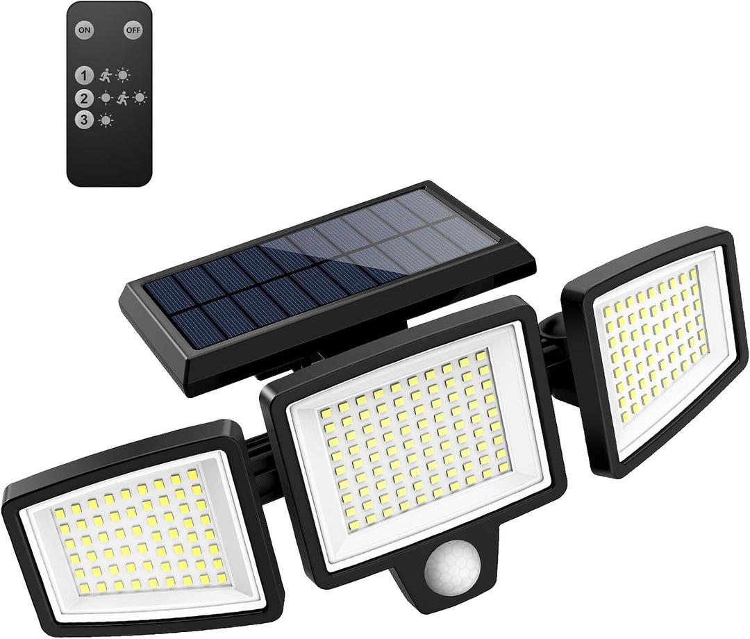 Tuffenough Solar Outdoor Lights 2500LM 210 LED Security Lights with Remote Control,3 Heads Motion Sensor Lights, IP65 Waterproof,270 Wide Angle Flood Wall Lights with 3 Modes(1 Packs)