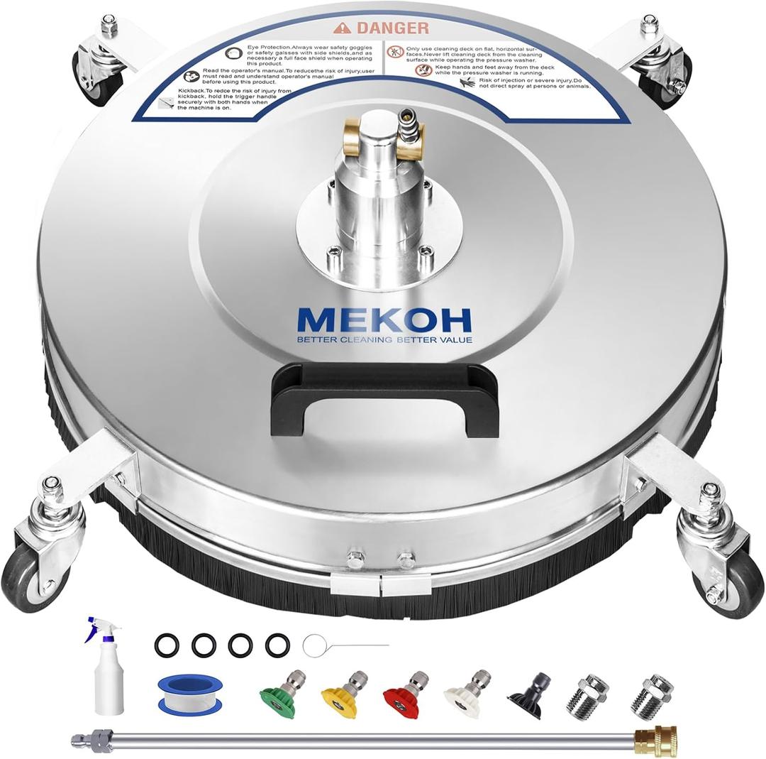 MEKOH 18" Pressure Washer Surface Cleaner 4500 PSI4 Wheels Stainless Steel Power Washer Attachment for Driveway Sidewalk Patio Concrete Cleaning, 1/4'' Quick-Connect, 1 Extension Wand&5 Spray Nozzles