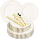 150PCS Ivory Plastic Plate Dinnerware Set, 30 Guests Disposable Beaded Edge Plates, 30 Dinner and 30 Dessert Plates, 90 Gold Silverware for Party, Wedding