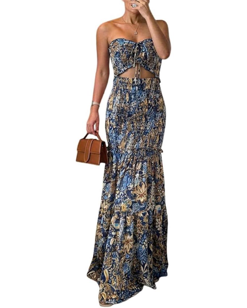 CHICME Floral Printed Vacation Dress Halter Tie Ruched Shirred Bandeau Party Dress Slim Ruffle Hem Wedding Guest Dress, Size XL