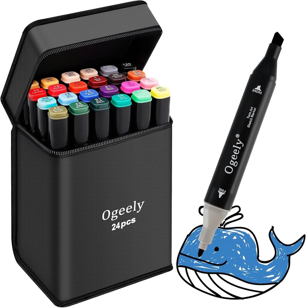 Ogeely Alcohol Markers, 24 Color Dual Tip Art Marker for Kids Adults, Permanent Sketch Markers for Artists, with Organizing Case