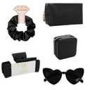 5pcs Bridesmaid Scrunchies Proposal Gifts makeup bag bulk Jewelry Box 4.1inch square Hair Claws Bachelorette Hair Clip heart sunglasses Girls for Wedding Party Favors (Black, Medium)