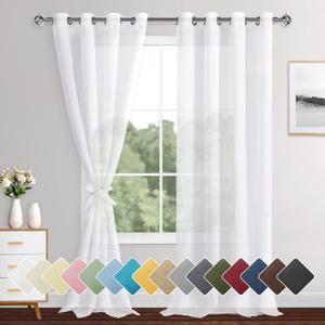 XWZO Sheer Curtains 95 Inches Long for Bedroom, Light Filtering, Airy & Breathable Faux Linen Voile Drapes with Tiebacks, Grommet Window Curtains for Living Room, White, W52 x L95, Set of 2 Panels