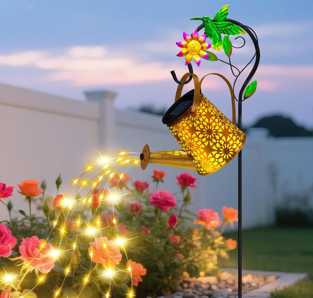 Solar Metal Watering Can with Hummingbird Shepherd Hook and Cascading Lights, Outdoor Solar Lantern for Garden, Yard, Patio Decor and Gardening Gifts for Women Mother's Day