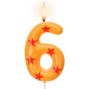 Conelist Number 6 Anime Theme Dragon Birthday Candle Yellow and Red Stars Print Candle Numeral Cake Topper for Boys' and Husband Theme Birthday Decoration Supplies