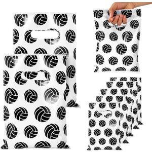 BOXOB 50pcs Volleyball Gift Bags, 10x6.7 Inch Plastic Snacks Candies Bags with Handles Volleyball Themed Party Sports Party Supplies (White)