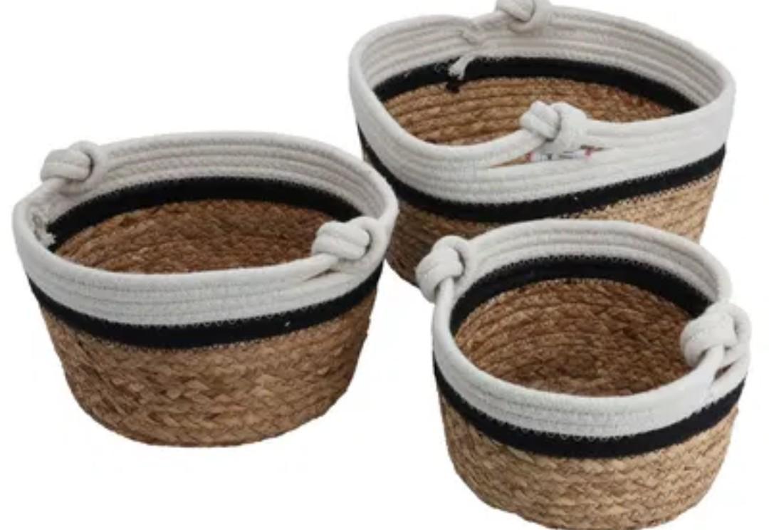 Alsaifgallery Brown White Black Round Cotton Basket Set with Handle 3 Pieces