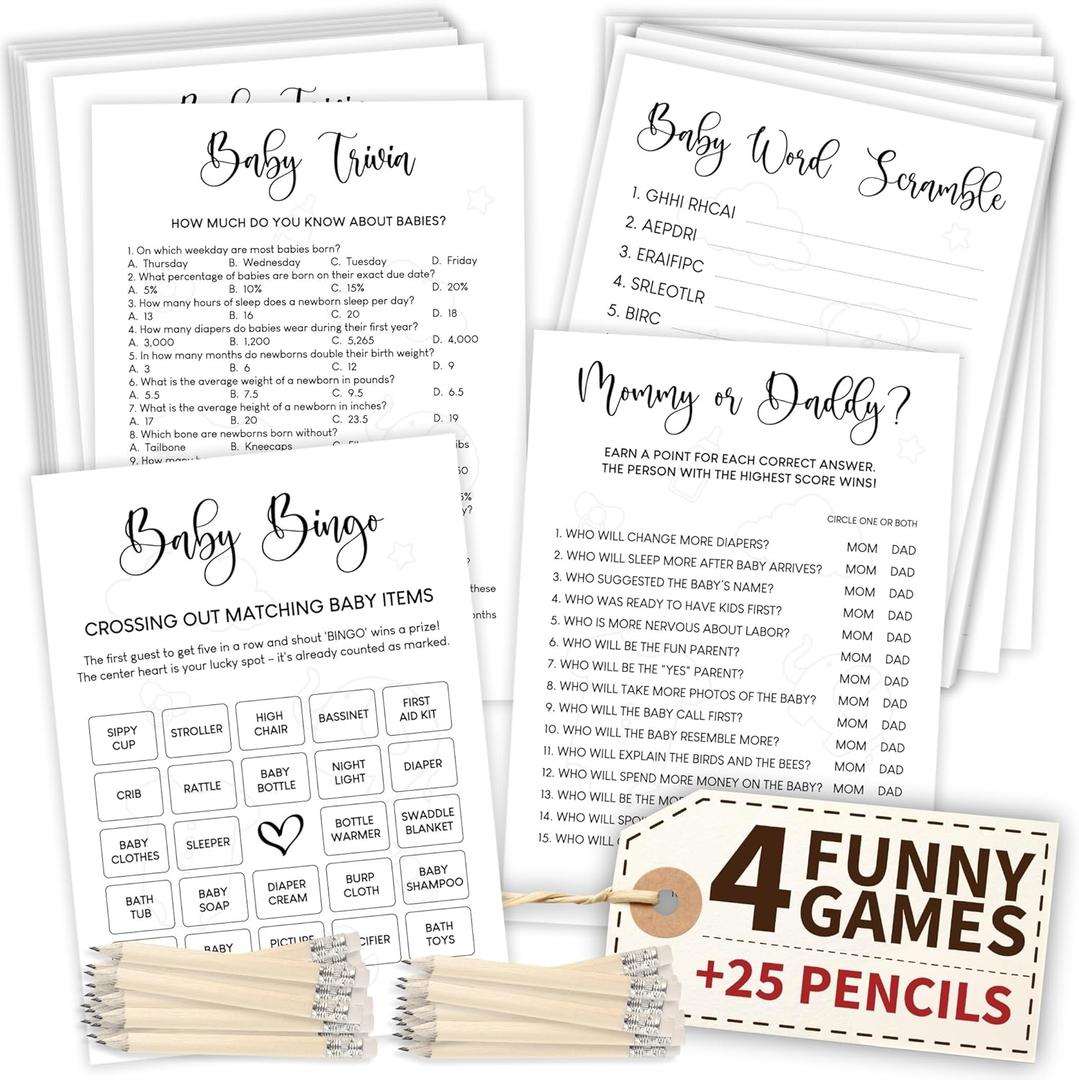 Woodamore Fun Baby Shower Games Gender Neutral - Baby Shower Bingo Game For Girl, Baby Shower Trivia, Games For Boy, Funny Word Scramble Card Decorations