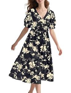 YESNO Summer Floral Midi Dresses for Women V Neck Puff Short Sleeve Frill Trim Dress with Pockets Small