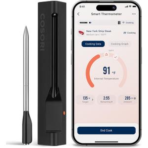 COSORI Wireless Meat Thermometer Digital, Bluetooth Food Thermometer for Grill, Smoker, Oven, Air Fryer for Turkey, Chicken, Steak, Gifts for Men, 90+ Recipes in Free App