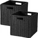 Woven Wicker Storage Baskets 2Pack, 11x11 Handwoven Paper Rope Organizer Bins, Foldable Cube Storage Cubes with Builtin Handles for Shelves and Closet Organization(Classic Black)
