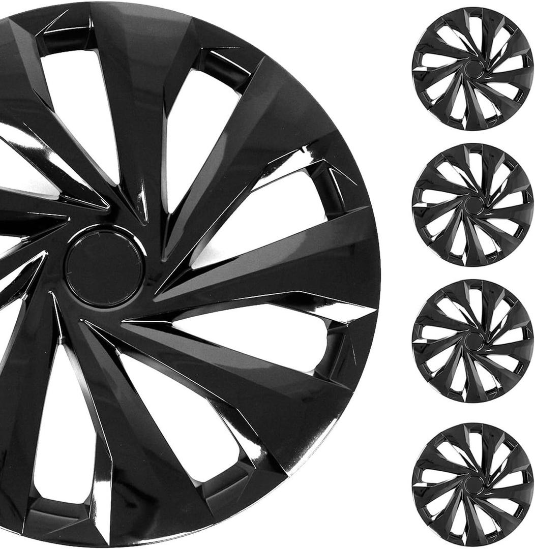 OMAC - ABS Black Hub Caps 15 Inch Set of 4, Tapas para Rines 15, Premium Wheel Covers 15 Inch, R15 Rim Cover Set, Snap On Durable Car Replacement Exterior Accessories